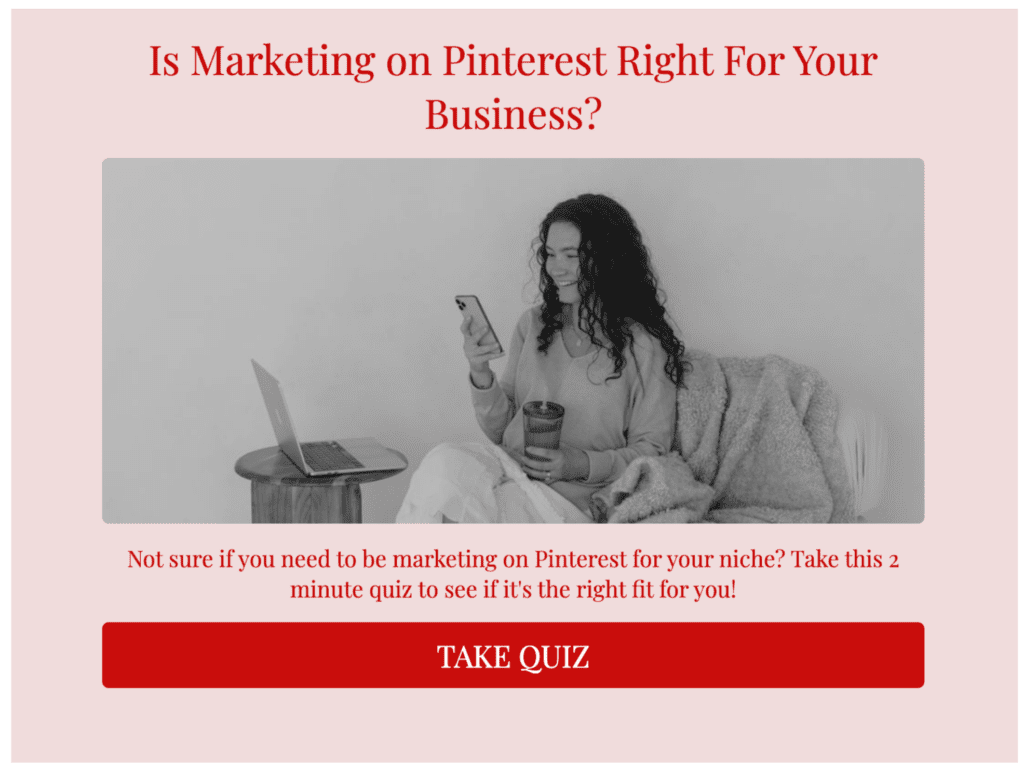 Quiz marketing example for a Pinterest course to help target audience get a visual of how to create a quiz to attract new clients