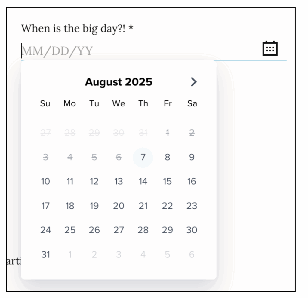 Screenshot of a contact form example interactive calendar to ask leads if there is a project completion date for the services.